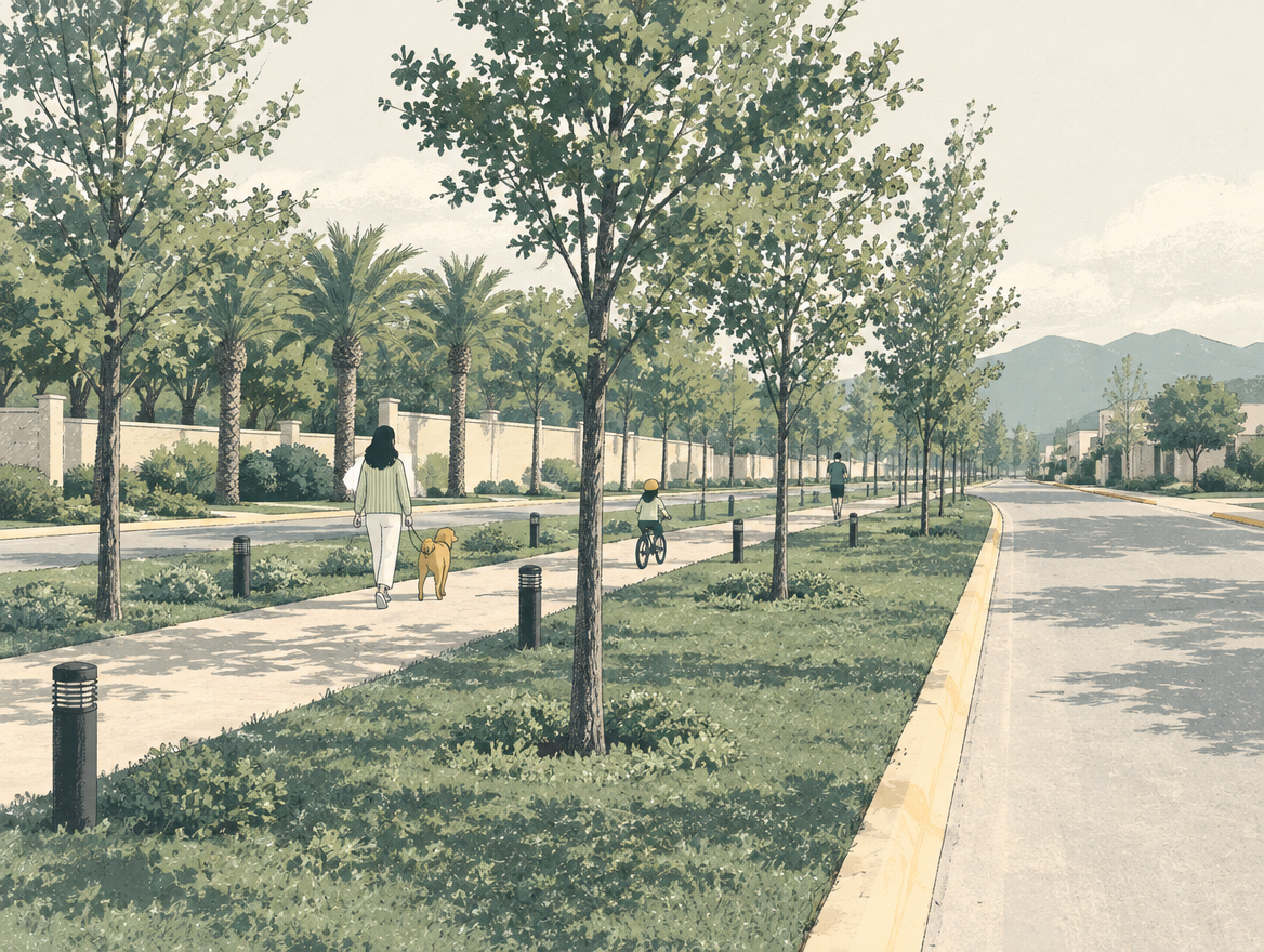 Ilustración de un entorno residencial arbolado