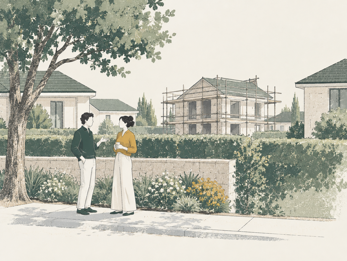 Ilustración de vecinos en un entorno residencial cuidado